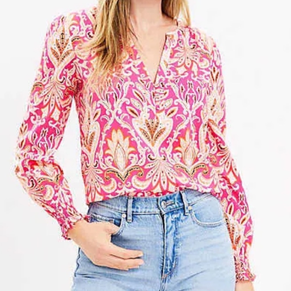 Loft Smocked Cuff V-Neck Top NEW